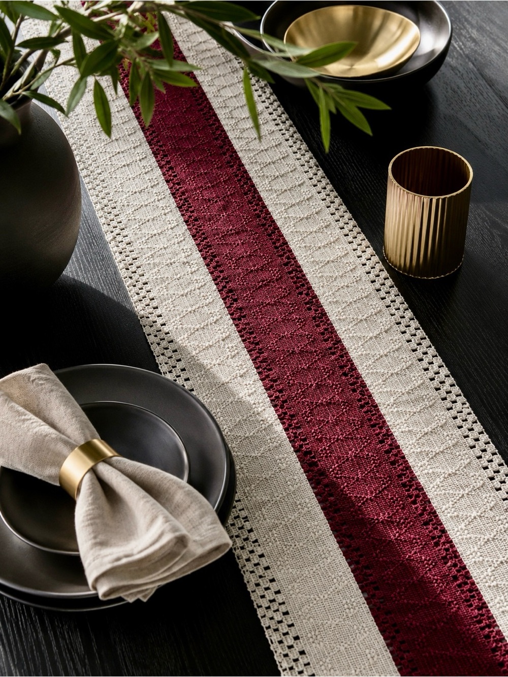 Farmhouse Table Runner 12x72 Burgundy Cream Cotton Blend